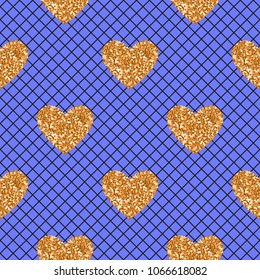 Abstract seamless blue pattern with black mesh and gold glitter polka dot. Vector illustration fishnet tights.