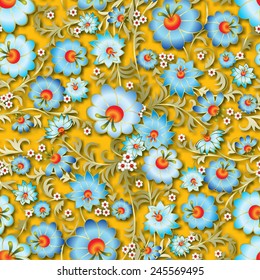 abstract seamless blue spring floral ornament and shadow on yellow background