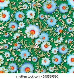abstract seamless blue spring floral ornament and shadow on green background