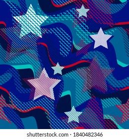Resumen del patrón de líneas de onda azul sin fisuras. impresión de repetición bajo el agua con cuadrícula texturada y estrellas. ornamento monocromo repetido para textil de moda, ropa, papel envolvente.