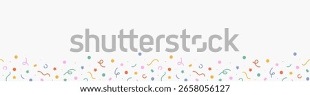 Сute abstract seamless border, background of colorful falling top down confetti of multicolored lines, stars, squiggles on light background; hand drawn vector illustration; flat style, copy space