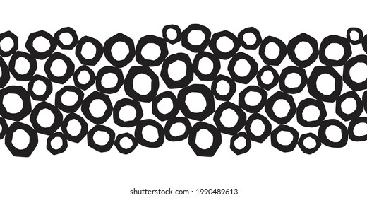 Abstract Seamless Border with Black Circles, Vector Repeating Pattern horizontal with Round paper cut shapes Bubbles Simple Hand Drawn Texture Monochrome illustration for footer, header, banner, trim.