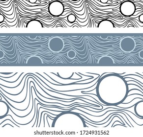 Abstract seamless border patterns. Simple curved line and circle.  Imitation of waves, landscape, 3D effect, optical. Design for paper tape, edging,  wallpaper, fabric, textile, sites, labels.
