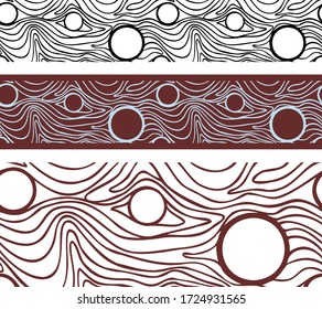 Abstract seamless border patterns. Simple curved line and circle.  Imitation of waves, landscape, 3D effect, optical. Design for paper tape, edging,  wallpaper, fabric, textile, sites, labels.
