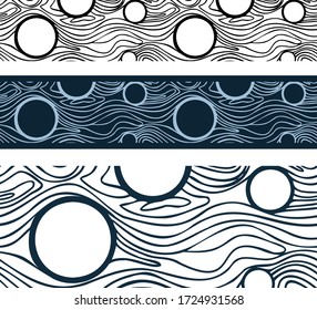 Abstract seamless border patterns. Simple curved line and circle.  Imitation of waves, landscape, 3D effect, optical. Design for paper tape, edging,  wallpaper, fabric, textile, sites, labels.
