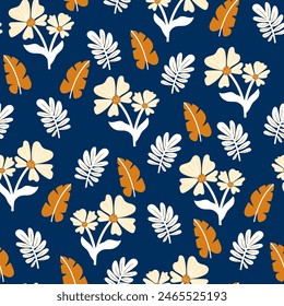 Abstract seamless botanical pattern with bright plants and flowers on a blue background. Botanical leaf seamless vector floral pattern background. Beautiful seamless vector floral pattern.