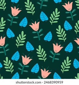 Abstract seamless botanical pattern with bright plants and flowers on a dark green background. 
Botanical leaf seamless vector floral pattern background. Printing and textiles. 
