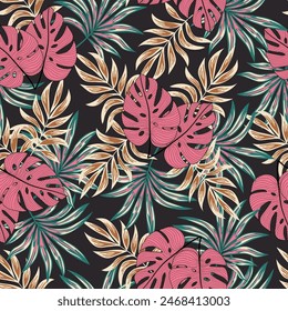 Abstract seamless botanical pattern with bright plants and flowers on a black background. Exotic tropics. Summer. Botanical leaf seamless vector floral pattern background. 