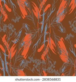 Abstract seamless botanical pattern featuring Helichrysum italicum curry plant sketches with bold brushstrokes for fabric, wallpaper, and packaging.