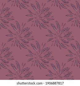 Abstract seamless botanical pattern with leaves silhouettes print. Purple colored palette. Nature backdrop. Graphic design for wrapping paper and fabric textures. Vector Illustration.