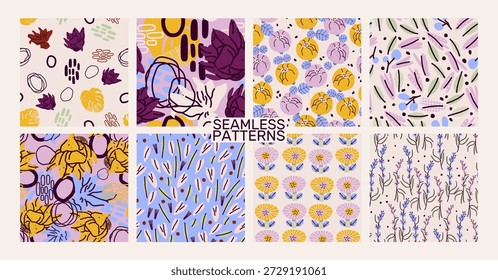 Abstrai padrões botânicos sem emenda com formas orgânicas e paleta de cores moderna. Conjunto de vetores, coleção. Excelente para design contemporâneo, interiores, branding 