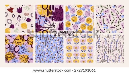 Abstract seamless botanical patterns with organic shapes and modern color palette. Vector set, collection. Great for contemporary design, interiors, branding 