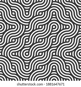 Abstract seamless. Seamless braided linear pattern, wavy lines. Endless striped texture with winding elements. Vector geometric monochrome background.