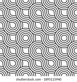 Abstract seamless. Seamless braided linear pattern, wavy lines, circles. Endless striped texture with winding elements. Vector geometric monochrome background.