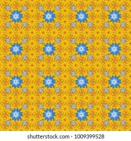 Abstract seamless bright background from picturesque stylized orange, yellow and blue flowers. Fabric for summer tropical holiday. Lovely seamless pattern. Vector background with flowers.