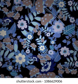 Abstract seamless bright background from picturesque stylized violet, brown and blue flowers. Vector background with flowers. Fabric for summer tropical holiday. Lovely seamless pattern.