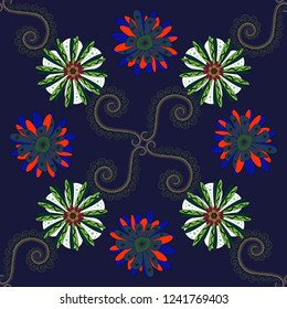 Abstract seamless bright background from picturesque stylized black, blue and green flowers. Lovely seamless pattern. Fabric for summer tropical holiday. Vector background with flowers.