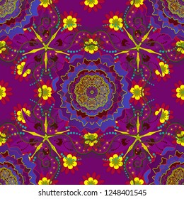 Abstract seamless bright background from picturesque stylized violet, purple and red flowers. Lovely seamless pattern. Vector background with flowers. Fabric for summer tropical holiday.
