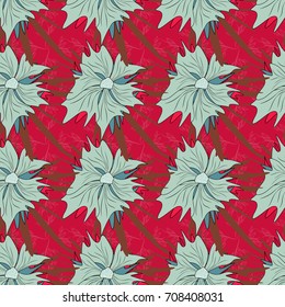 Abstract seamless bright background from picturesque stylized blue, red and brown flowers. Vector background with flowers. Fabric for summer tropical holiday. Lovely seamless pattern.