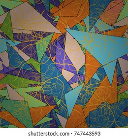 Abstract seamless bright background from picturesque stylized blue, orange and yellow flowers. Vector background with flowers. Fabric for summer tropical holiday. Lovely seamless pattern.