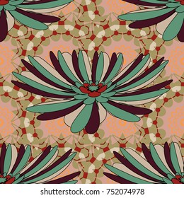 Abstract seamless bright background from picturesque stylized brown, green and pink flowers. Vector background with flowers. Fabric for summer tropical holiday. Lovely seamless pattern.