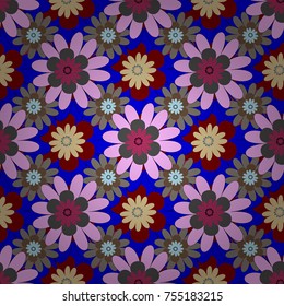 Abstract seamless bright background from picturesque stylized gray, purple and blue flowers. Vector background with flowers. Fabric for summer tropical holiday. Lovely seamless pattern.