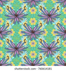 Abstract seamless bright background from picturesque stylized neutral, blue and green flowers. Lovely seamless pattern. Vector background with flowers. Fabric for summer tropical holiday.