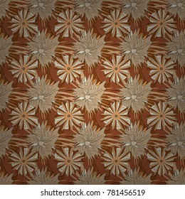 Abstract seamless bright background from picturesque stylized brown, yellow and beige flowers. Vector background with flowers. Fabric for summer tropical holiday. Lovely seamless pattern.