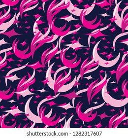 Abstract seamless bright pattern with a moon, stars and feathers or flames. Vector graphic. Fuchsia pink with a dark background.