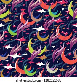 Abstract seamless bright pattern with a moon, stars and feathers or flames. Vector graphic. Very colourful.