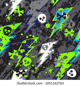 abstract seamless bright pattern with skulls, arrows, splashes of paint on a black background. For boys and girls. Illustration for textiles, prints, wrapping paper, web. Modern grunge background