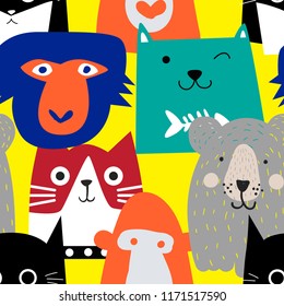 
Abstract seamless bright pattern, with wild animals. Bright children's pattern for clothing, textiles, wrapping paper