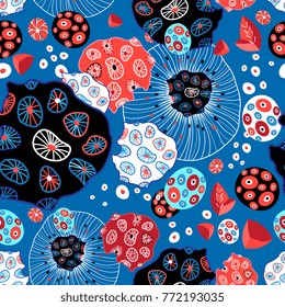 Abstract seamless bright unusual shape pattern on a blue background