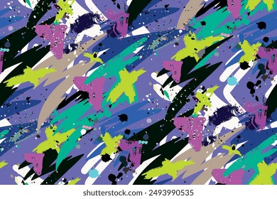 Abstract seamless brush strokes pattern with spray paint ink. Colorful splatter elements on grunge textured ornament. Chaotic brush strokes print.