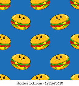 Abstract seamless burger pattern for girls or boys. Creative vector background with a burger, hamburger cute eyes. Funny hamburger pattern for textile and fabric. Fashion style.