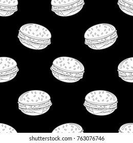 Abstract seamless burger pattern for girls or boys. Creative vector background with a burger, hamburger cute eyes. Funny hamburger pattern for textile and fabric. Fashion style. Monocrhome black,white