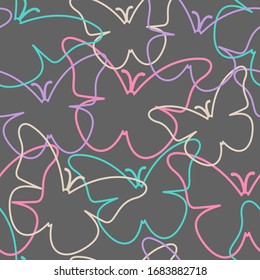 Resumen de líneas de mariposas sin fisuras en fondo gris. Silueta de impresión para tapa, envoltura, tela, textil.