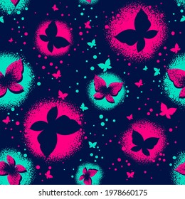 Abstract seamless butterflies pattern. Insect repeat print. Shabby textured girlish ornament. Dots butterfly silhouette repeated print for fashion textile, girlish clothes, wrapping paper.