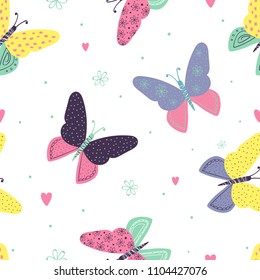 Abstract seamless butterflies pattern. Nature repeated backdrop. Girlish illustration. Beautiful colorful ornament. 