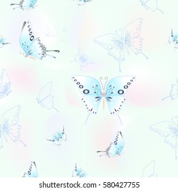 The abstract seamless butterfly pattern, fabric print, cloth texture, background, blue tone