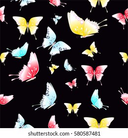 The abstract seamless butterfly pattern, fabric print, cloth texture, black color for background