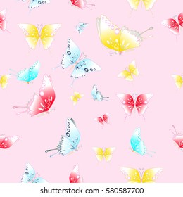 The abstract seamless butterfly pattern, fabric print, cloth texture, pink color for background