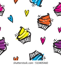 Abstract seamless cakes pattern for girls. fashion wallpaper. Funny colorful design with tasty cake hand drawing on white background.  Repeated girlish backdrop