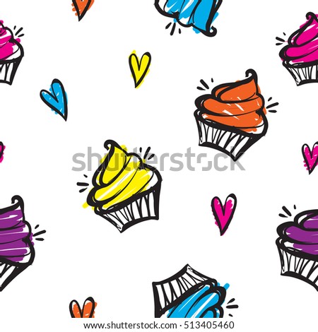 Abstract seamless cakes pattern for girls. fashion wallpaper. Funny colorful design with tasty cake hand drawing on white background.  Repeated girlish backdrop