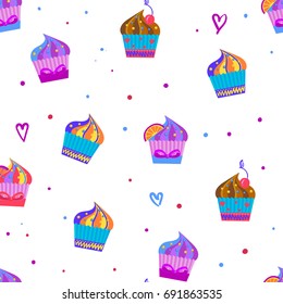 Abstract seamless cakes pattern on white background . Sweats repeated backdrop for girls, child, textile, clothes, wrapping paper. Colorful sweets food wallpaper drawing in decorative childish style. 