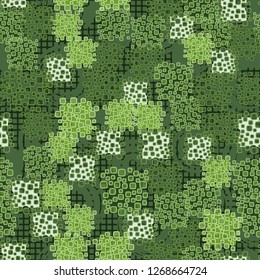  Abstract seamless camouflage colored green leaves. Background consisting of squares and circular brush strokes.