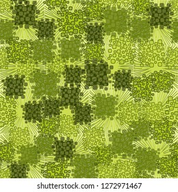 Abstract seamless camouflage colored green leaves. Background consisting of square suns.