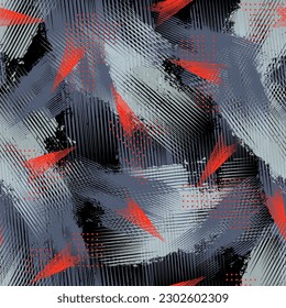 Abstract seamless camouflage pattern with arrows, spots and shabby shape. Endless militaristic ornament. Grunge textured repeat print for sport textile, fashion clothes, wrapping paper. Grung