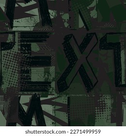 Abstract  seamless camouflage pattern  with letters and spray elements. Drive modern creative wallpaper in sport style for sportswear, fashion textile, wrapping paper an