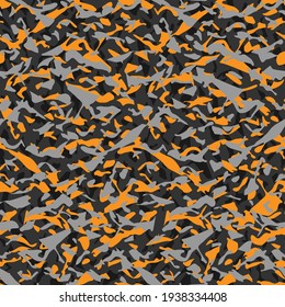 Abstract seamless camouflage pattern orange and gray geometric elements.